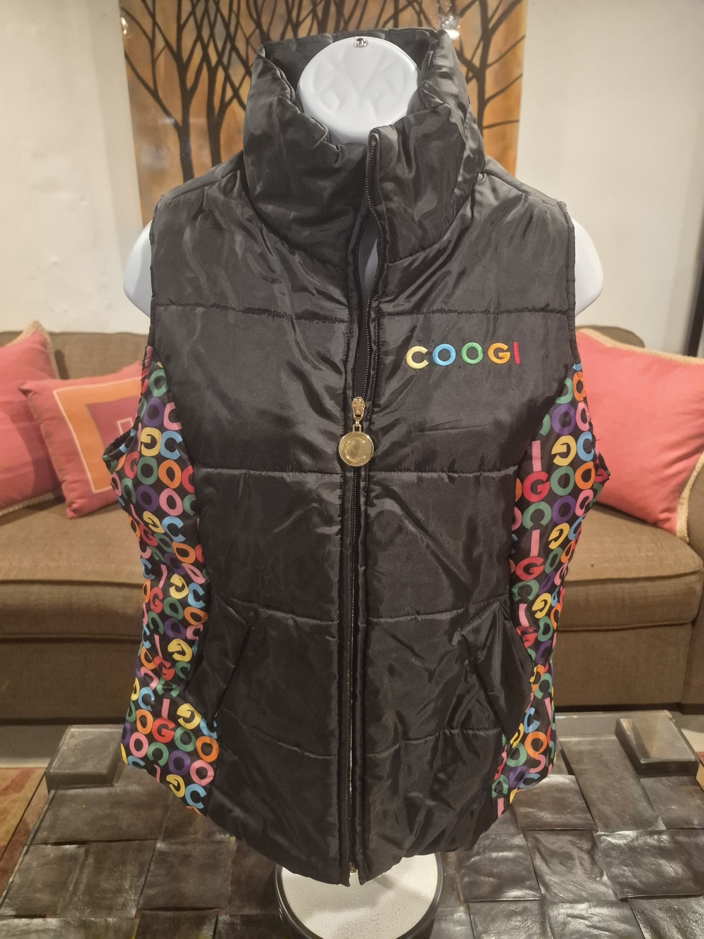 COOGI Black Puffer Vest with Multicolor Logo Circles